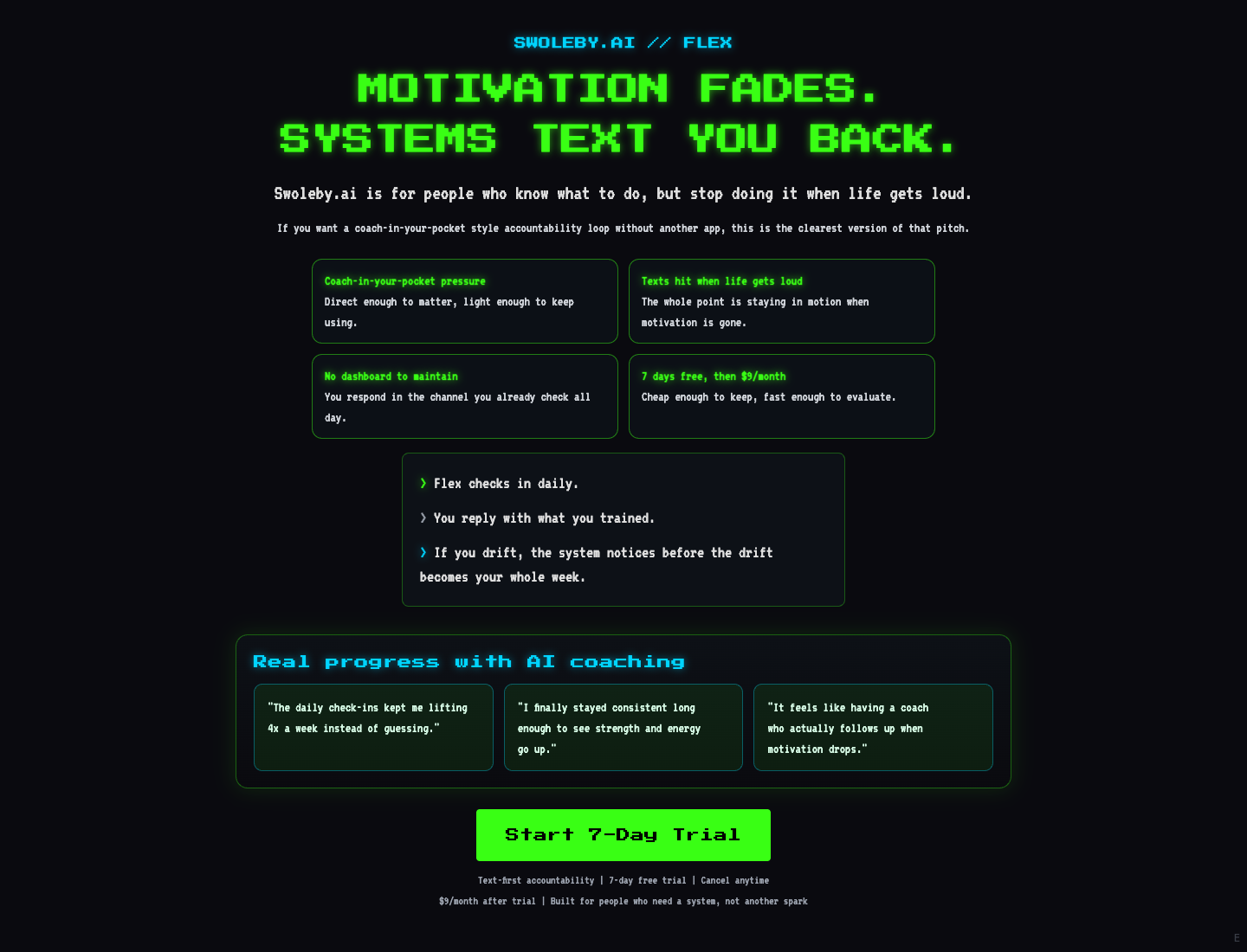 Swoleby.ai marketing page showing the text-first accountability loop